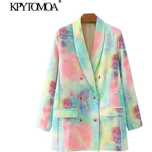 KPYTOMOA Women 2020 Fashion Double Breasted Tie-dye Print Blazer Coat Vintage Long Sleeve Pockets Female Outerwear Chic Tops
