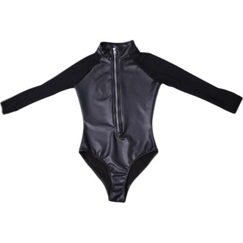 Woman Three-Quarter Sleeves Bodysuit Package Hip Swimwear PU Faux Latex Patchwork Catsuit Zipper Open Breast Beachwear Teddies