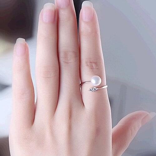 2017 HOT Luxury Leaf shape Shiny zircon Really natural 7-8mm pearl Open ring Fashion pearl ring For women Free shipping