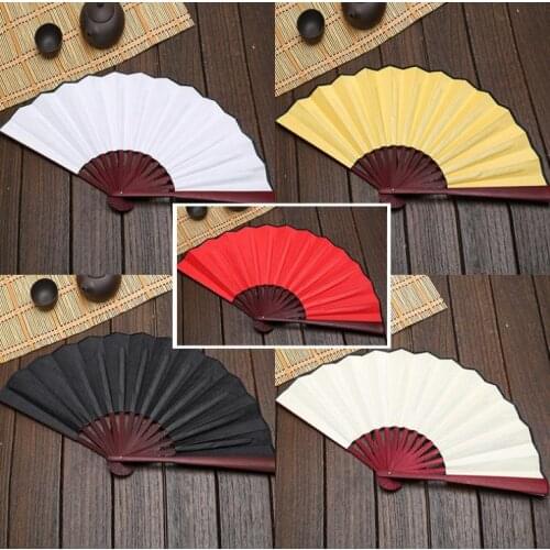 Large 33cm Folding Fan Black White Cloth Wooden Hand Fans DIY Craft Art Planting Ornaments Mens Outdoor Handfan