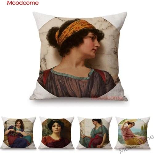 British Painter John William Godward Pretty Young Girl Lady Greek Myth Venus Athena Goddess Sofa Throw Pillow Case Cushion Cover