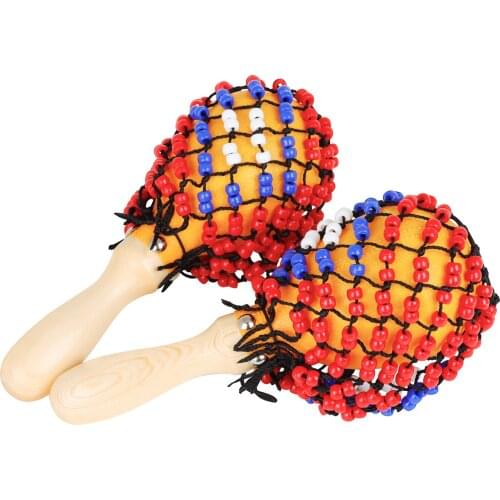 Wooden Maracas Sand Hammer Percussion Instrument Party Favor Musical Toy with Coloured Beads Net for Kids Toddler