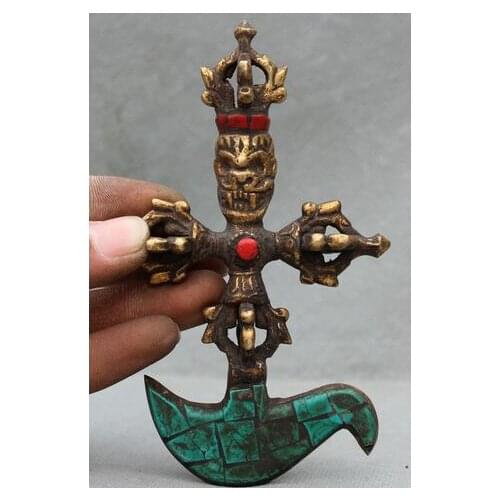 Pure Copper Gilt Brass Old Tibet Religion 5" Tibet Buddhism Gild turquoise Skull Skeleton Head Phurba Dagger Holder