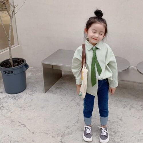 Childrens Shirt 2021 Autumn New Boys and Girls Solid Color Simple Small Fresh Turn-down Collar Shirt Childrens Casual Top