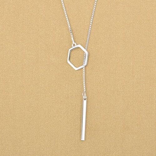 Geometric 925 Sterling Silver Long Bar Hexagon Pendant Necklaces Jewelry For Women 2018