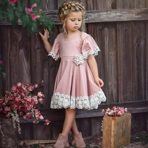 1-3 Years Summer Childrens Skirt Summer Girls Stretch Short-sleeved Lace Pink Princess Dress Soft Cotton Pretty Dress For Girls