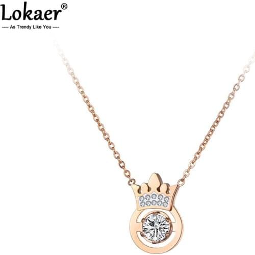 Lokaer Classic AAA CZ Crystal Crown Pendant Necklace Rose Gold Stainless Steel Wedding Neckalce Jewelry For Women Gifts N19036