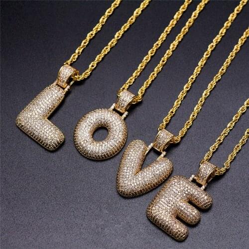 LuReen A-Z Single Bubble Letters Necklaces Pendant Chain For Men Women Gold Color Cubic Zircon Hip Hop Jewelry Gifts