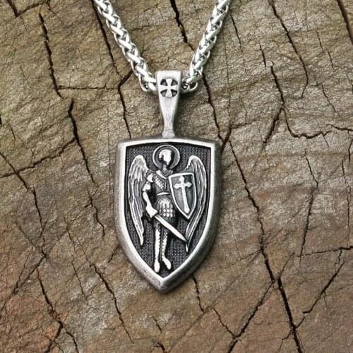 Lanseis 1pcs 316 stainless steel men necklace Archangel St.Michael Protect Me Saint Shield Protection pendant jewelry