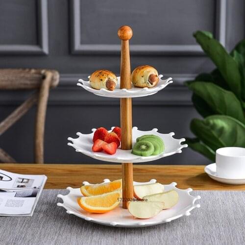 Natural bamboo wood snack plate creative white ceramic double fruit plate dessert plate home tableware afternoon tea cake dish