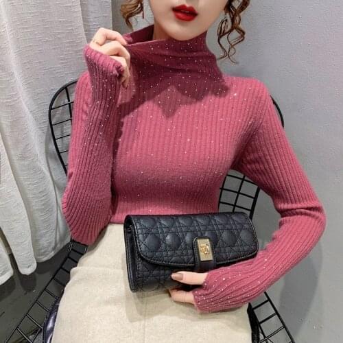 Autumn Winter New 2021 Korean Pullover Sleeves Rhinestone Stretch Knit High Neck Sweater Womens Slim Bottoming Shirt Knitwear