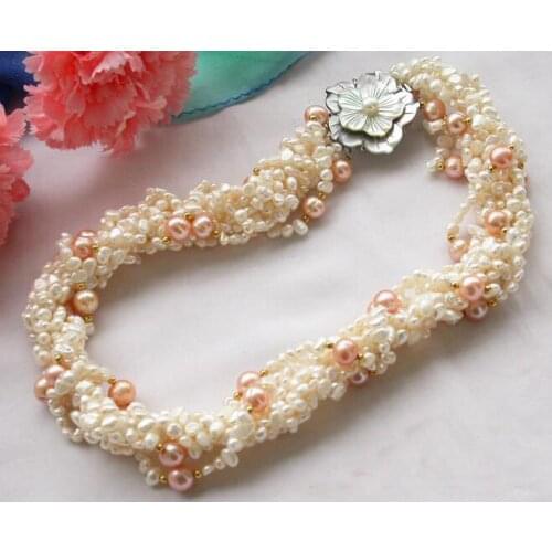 Perfect New Arriver Pearl Jewellery,20inches 8 Rows White Baroque Pink Round Freshwater Pearl Necklace,Shell Flower Clasp