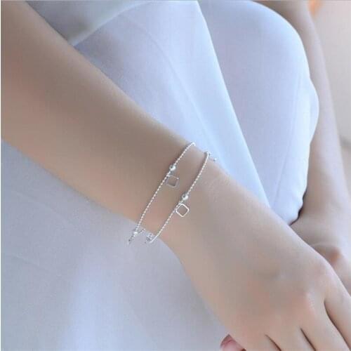New Arrival Women Square Double Layer Bracelet Girls Jewelry Fashion 925 Sterling Silver Anklet Female Party Accessories Lady