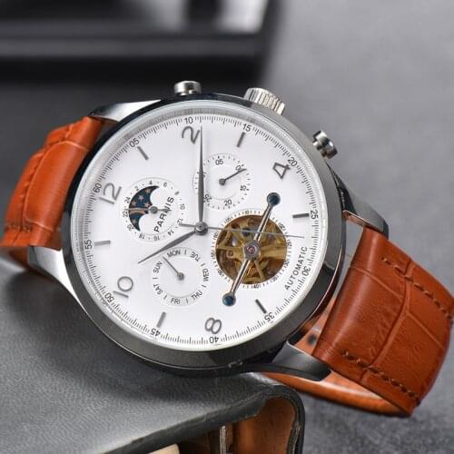PARNIS Dress 43mm Silver Color Automatic Men Wristwatch Date Week Indicator Hollow Dial Leather Strap