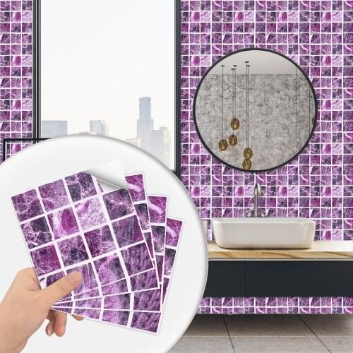 10pcs Flat Marble Mosaic Tiles Wall Sticker Transfers 2D Printed Covers For Kitchen Bathroom Peel & Stick Waterproof Art Mural