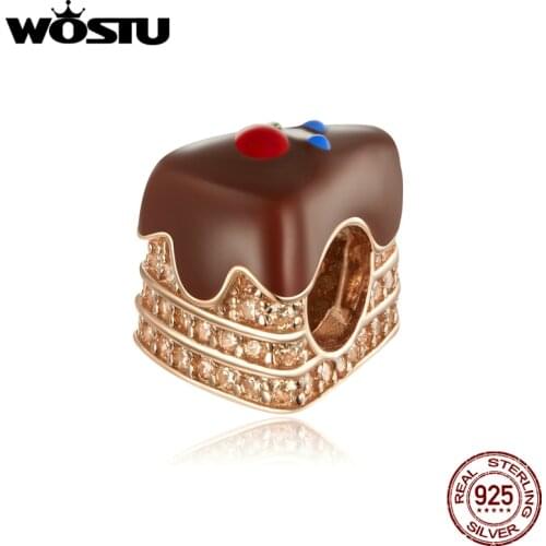 WOSTU Chocolate Cake Charm 925 Sterling Silver Dessert Bead Brown Enamel Pendant Fit Original Bracelet Necklace Jewelry CTC349