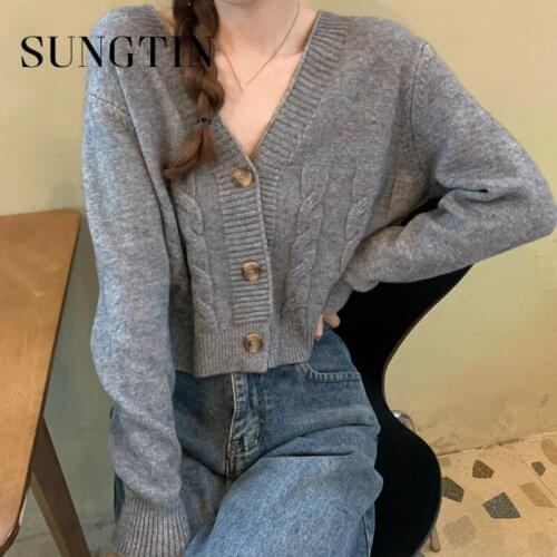 Sungtin Casual Button Up Knitted Cropped Cardigan Women Elegant Korean Fashion Chic Solid Sweater Coat Elegant Cradigan Spring