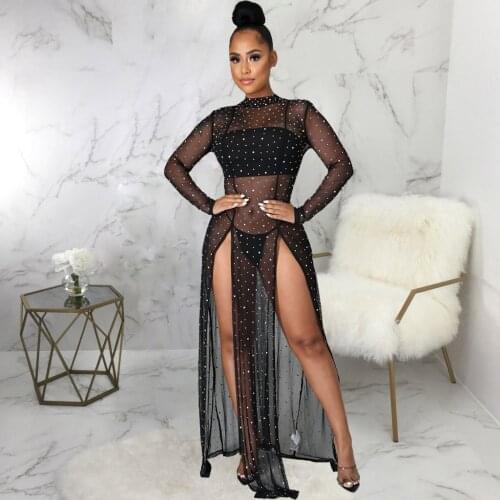 Sheer Mesh Rhinestones Perspective Dress for Women Long Sleeve Double High Split Party Dresses Elegant Midnight Clubwear Dress