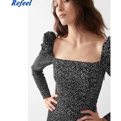 Vintage Square collar Dot Dress Fashion Slim Long Sleeve Elegant Bifurcation Lady Fashion Slim Chic Party Dress