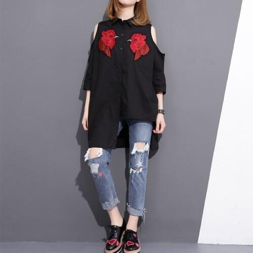 Three quarter sleeve shirt embroidery female 2017 spring all-match loose asymmetrical top shirt 0311