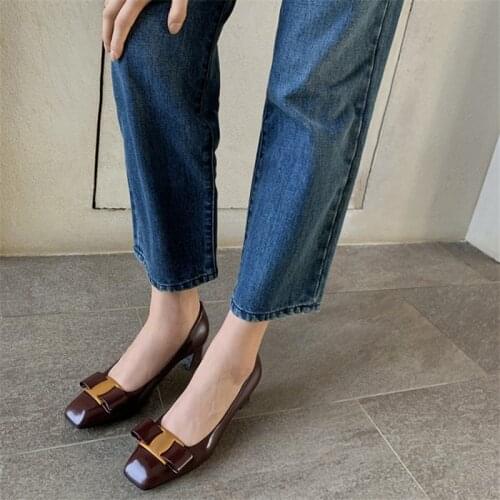 Full Leather Inside and Outside 2021 Spring New Womens Pumps Genuine Leather Square Toe Slip-On Square Heel Shallow Mouth Shoes