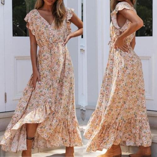 80%HOTRuffle Floral Print Women Dress Bohemia V Neck Irregular Hem Maxi Dress Streetwear
