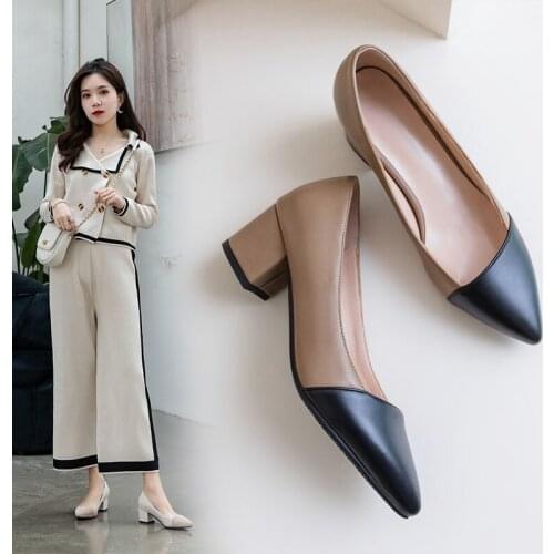 2020 spring new Women Pumps Pointed Toe Women Shoes Fashion Thick heel Stitching cloth slip on Casual work Ladies Shoes 32-43