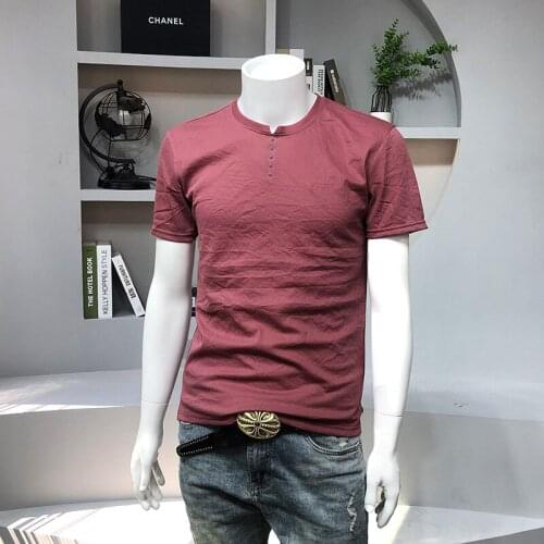2021 summer disc buckle round neck slit embroidery plain simple slim cotton and linen thin casual mens clothing