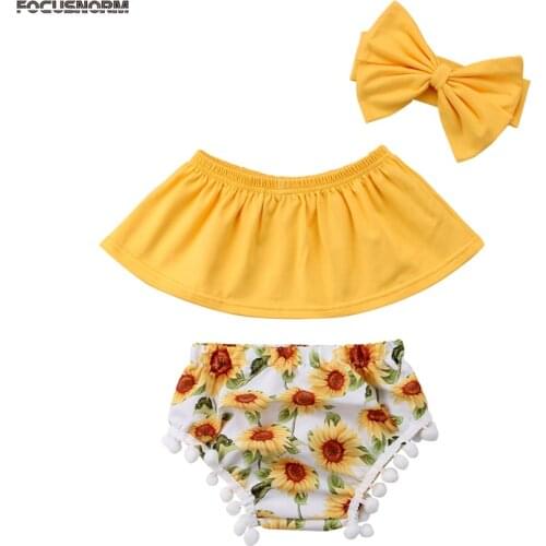 3PCS Pretty Lovely Summer Toddler Baby Girls Sets Yellow Off Shoulder Vest Tops Floral Print Tassel Shorts Headband Outfit 0-24M