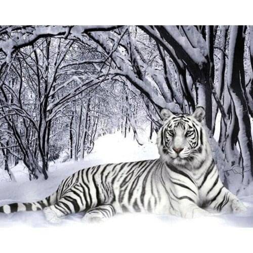 Diamond Painting Winter White Tiger Cross Stitch DIY 3D Diamond Embroidery Snow Mountain Landscape Wood Tiger For Needlework