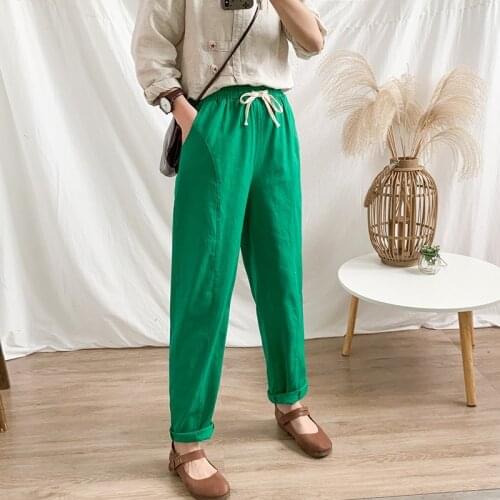 Summer Womens Pants Cotton Linen Large Size Casual Loose Ankle-length Capri Pants Drawstring Harem Pants Womens Wide Trousers