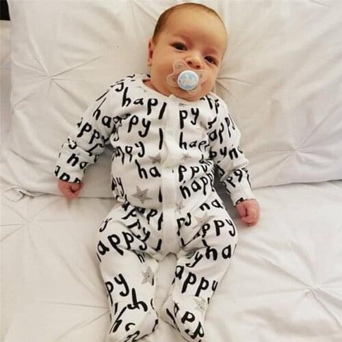2020 Newborn Happy Letter Long Sleeve Button O-neck Boy Newborn Baby Girl Clothes Infant Girls Clothes Pijamas Baby Boy Onesie