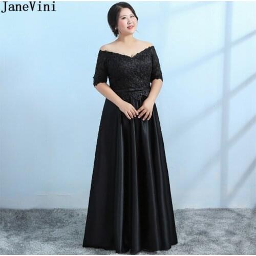 JaneVini Elegant Black Mother of The Bride Dresses Plus Size V Neck Lace Appliques Satin Floor Length A Line Evening Party Gowns
