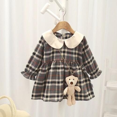 Plaid Princess Dresses With Bear For Girls Long Sleeve Cotton Dress Cute Skirt Clothes Fashion Gifts For 2-7 Years Children