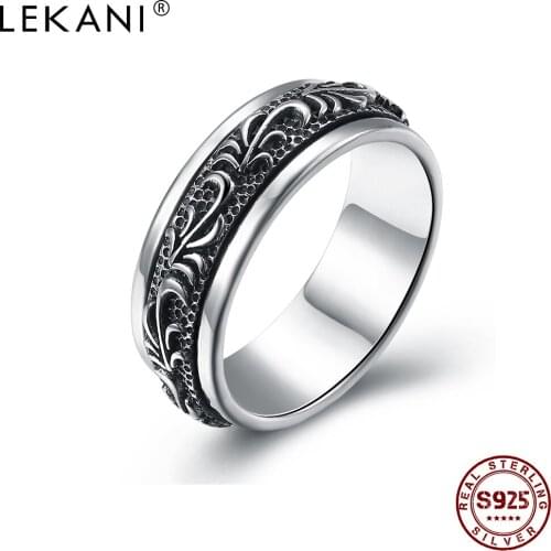 LEKANI 925 Sterling Silver Men Rings Rotate Carving Flower Gothic Vintage Rock Unisex Punk Ring For Women Party Fine Jewelry