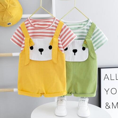 Summer baby girls clothes outfit sets striped T-shirt + braces shorts suit for boys girls child fashion clothing birthday sets