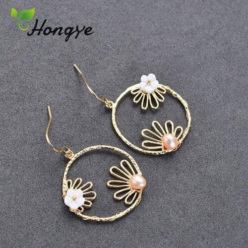 Sweet Girls Hollow Circle Drop Dangler Earrings Real Gold Female Baroque Pearl Ear Hook Teenager Girls Hanging Earring Jewelry