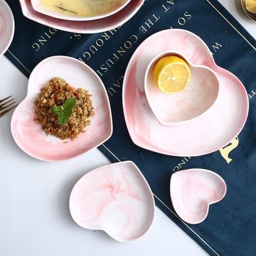 Marble Heart Shape Dinner Plate Bowl Spoon Set Food Rice Soup Ramen Noodle Bowl Jewelry Dish Tray Ceramic Crockery Dinnerware