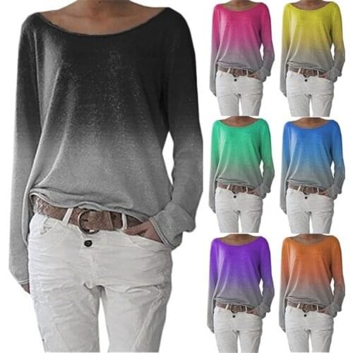 Autumn and winter gradient wide neck long sleeve casual top loose and comfortable casual T-shirt womens bottoming shirt