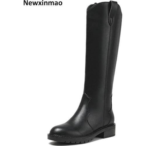 Round Toe Knee High Boots 2021 New Winter Newest Genuine Leather Shoes Woman Heels Party Basic Thick Heels Winter Boots