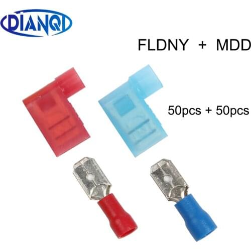 50pairs FLDNY+MDD Male Female Nylon brass Flag Female Terminal Spade joint insulated WIRE CONNECTORS 100PCS 22-16AWG 16-14AWG