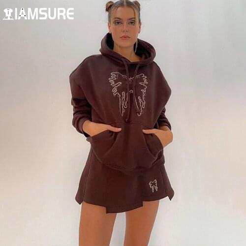 IAMSURE Loose WomenS Tracksuit Casual Streetwear Dress Sets Autumn Winter 2 Piece Skirt Set Long Sleeve Hoddies A-Line Skirt