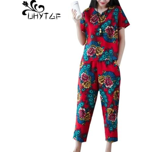 UHYTGF Summer two piece set women fashion cotton linen printing elegant suit female harem pants casual plus size 2 piece set 899