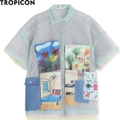 TROPICON High Fashion Designer Layers Mesh Oversized Shirt For Women Pinup Button Up Collared Sage Green Top And Blouses 2021