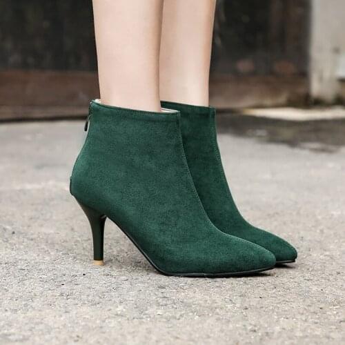 YMECHIC Summer 2019 Woman Shoes Sexy High Heels Flock Ankle Boots Female Green Black Pointed Toe Stiletto Ladies Shoes Plus Size
