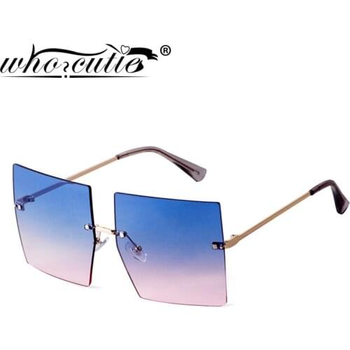 Oversized Rimless Square Sunglasses Women 2020 Brand Design Ocean Blue Flat Top Tint Lens Large frame Sun Glasses Female S211B