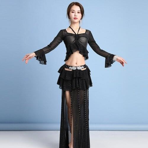 Belly Dance Costume Womens Exercise Clothes New Summer Suit Drawstring Top+Sexy High Split Skirt Womens Performance Costumes