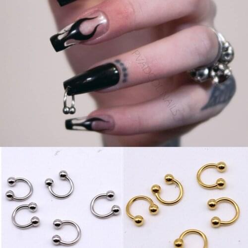 10pcs/lot Metal Curve Nail Charms Piercing Design Ring Jewelry Hand Drill Punk Style Nails Art Decoration