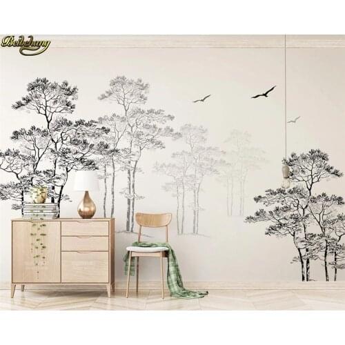 Beibehang Custom 3d wallpaper mural black and white sketch abstract tree flying bird TV background wall papers home decor