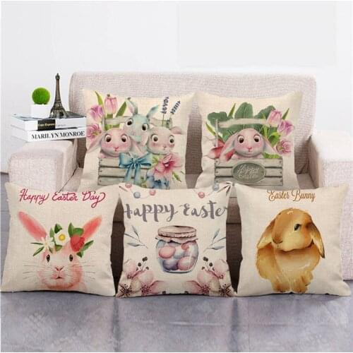 45cm*45cm Happy Easter Eggs Cute Rabbit Color Flowers Linen/cotton Throw Pillow Covers Couch Cushion Cover Home Decor Pillowcase